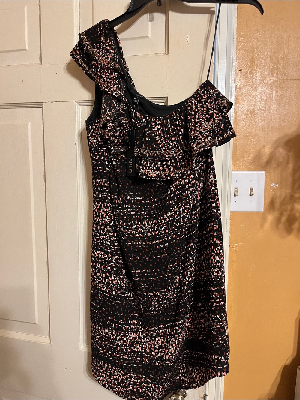 Apt. 9 Black One-Shoulder Ruffle Dress with Pink & Cream Speckle